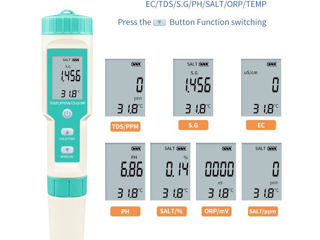 Портативный тестер 7 in 1 PH-TDS-EC-ORP-Salinity-S.G -Temperature - для оценки качества воды foto 2