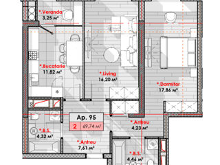 Apartament cu 2 camere, 69 m², Râșcani, Chișinău