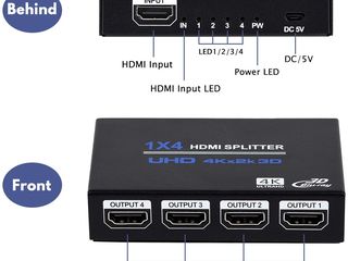 1x4 HDMI Splitter, 1 в 4 Out HDMI Splitter Audio Video Distributor Box Поддержка 3D и 4K x 2K foto 4