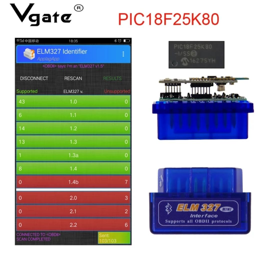 Сканеры OBD2 ELM 327 V1.5, Оригинальный Чип PIC18F25K80