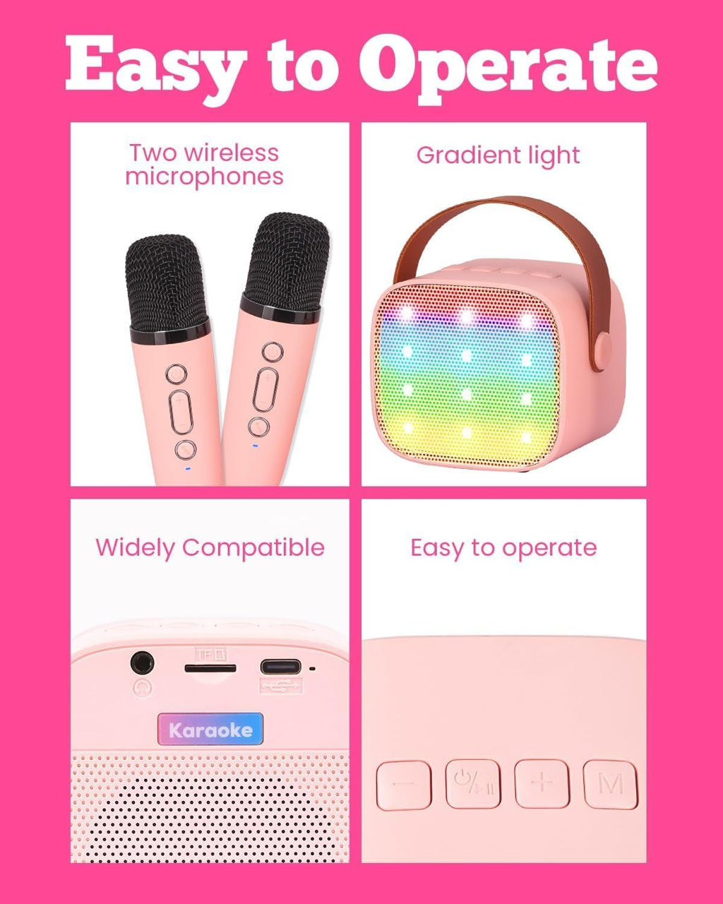 Mini aparat de karaoke pentru copii adulți, difuzor portabil Bluetooth cu 2 microfoane fără fir foto 5