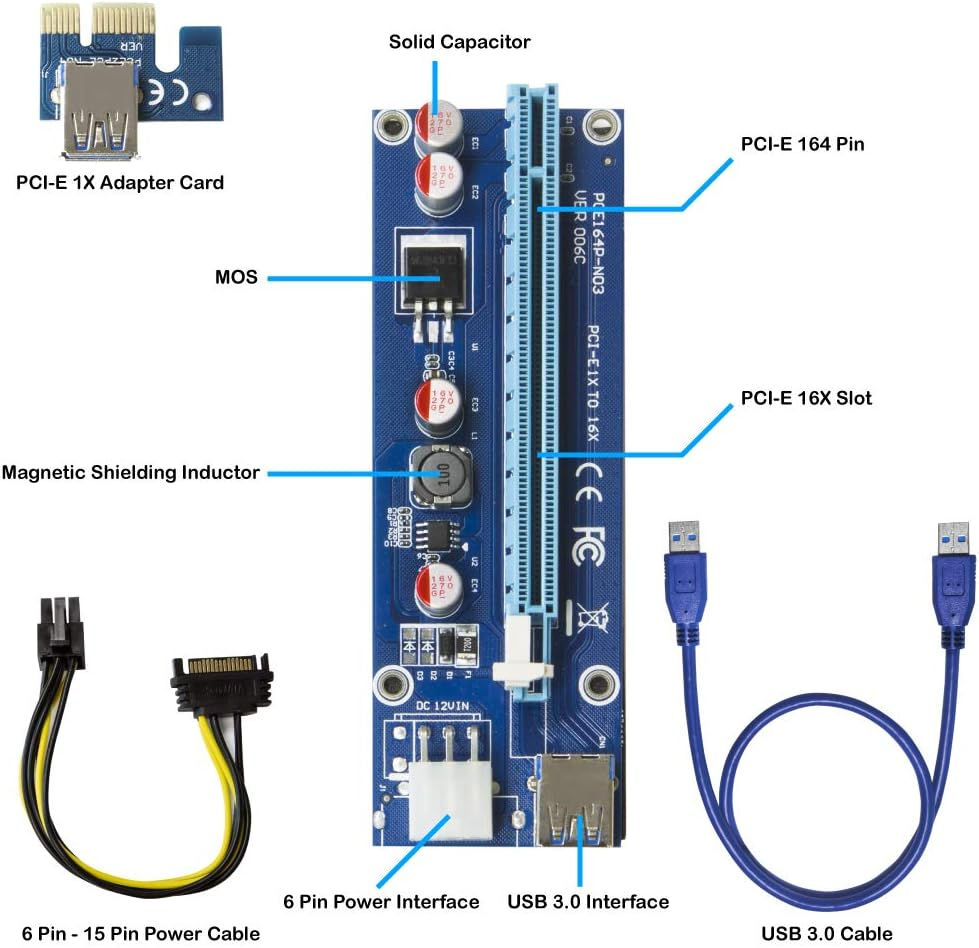 Gpu Pci-e Riser Ver 006c 6pin Connector Pcie Express X1 To X16 Riser Card Usb 3.0 Graphics Extension foto 1
