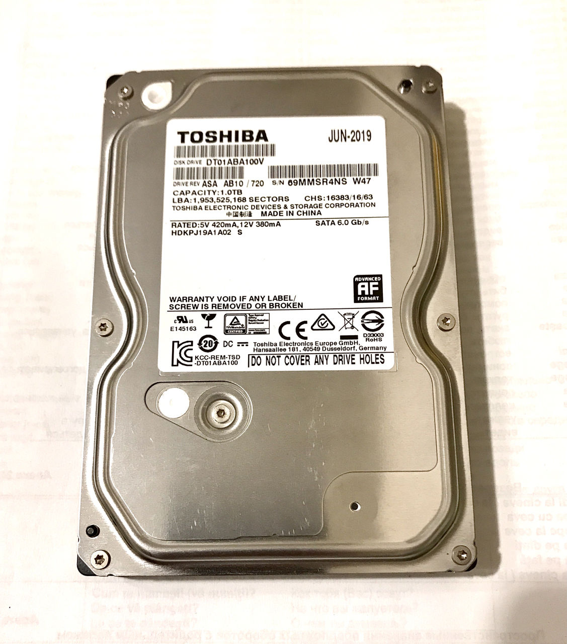 Продам б/у жёсткий диск 1TB Toshiba