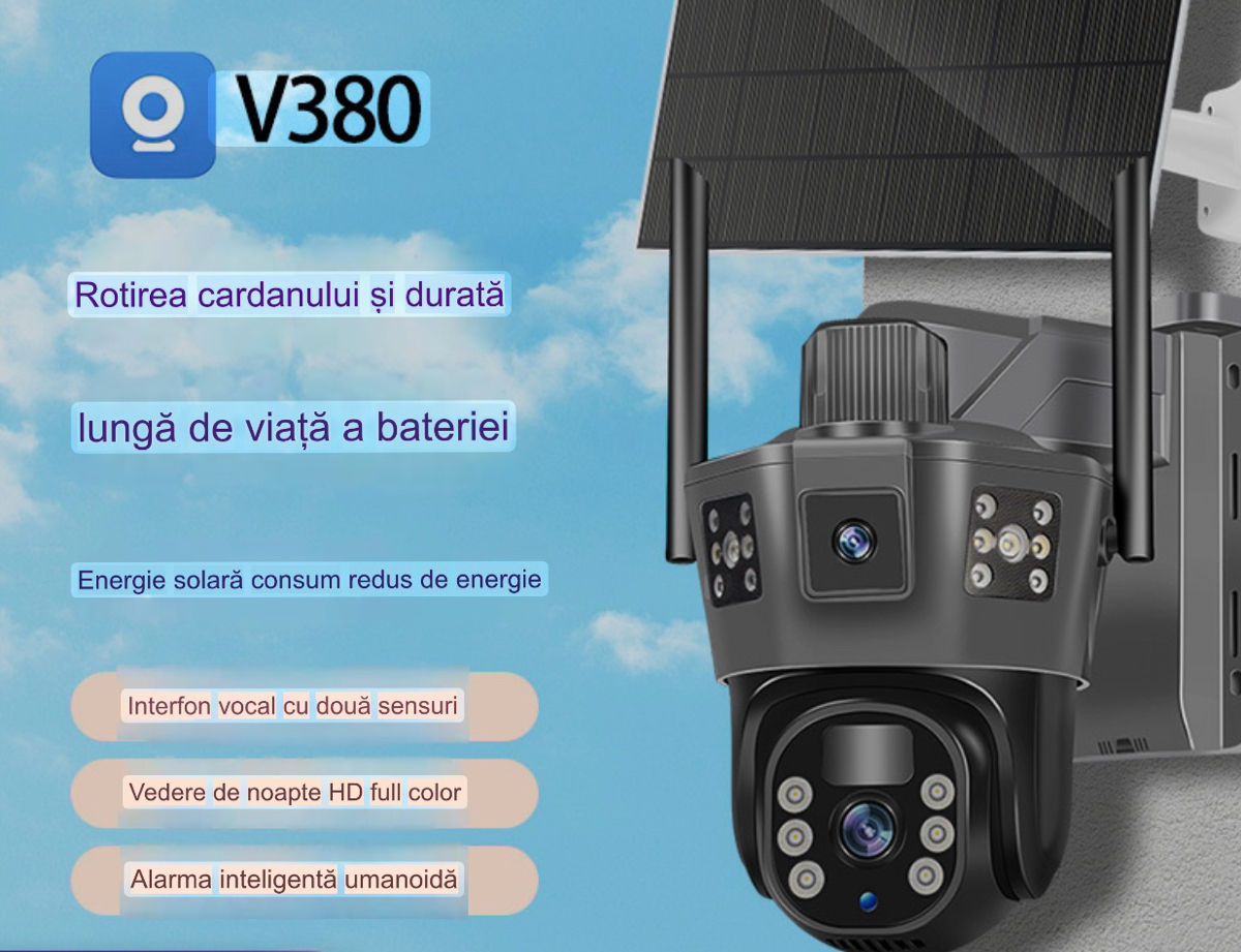 Cameră cu panou solar cu trei obiective ce va oferă imagine coloră 24/24 foto 1