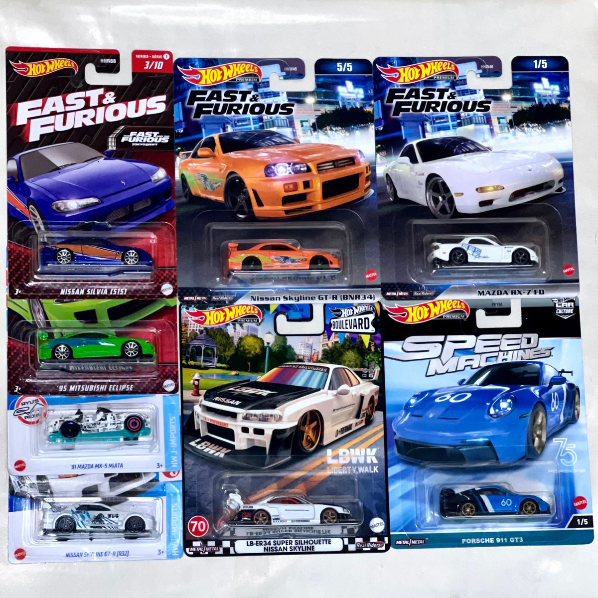 Hot Wheels Skyline R34 LBWK, Subaru BRZ, Fast and Furious R34