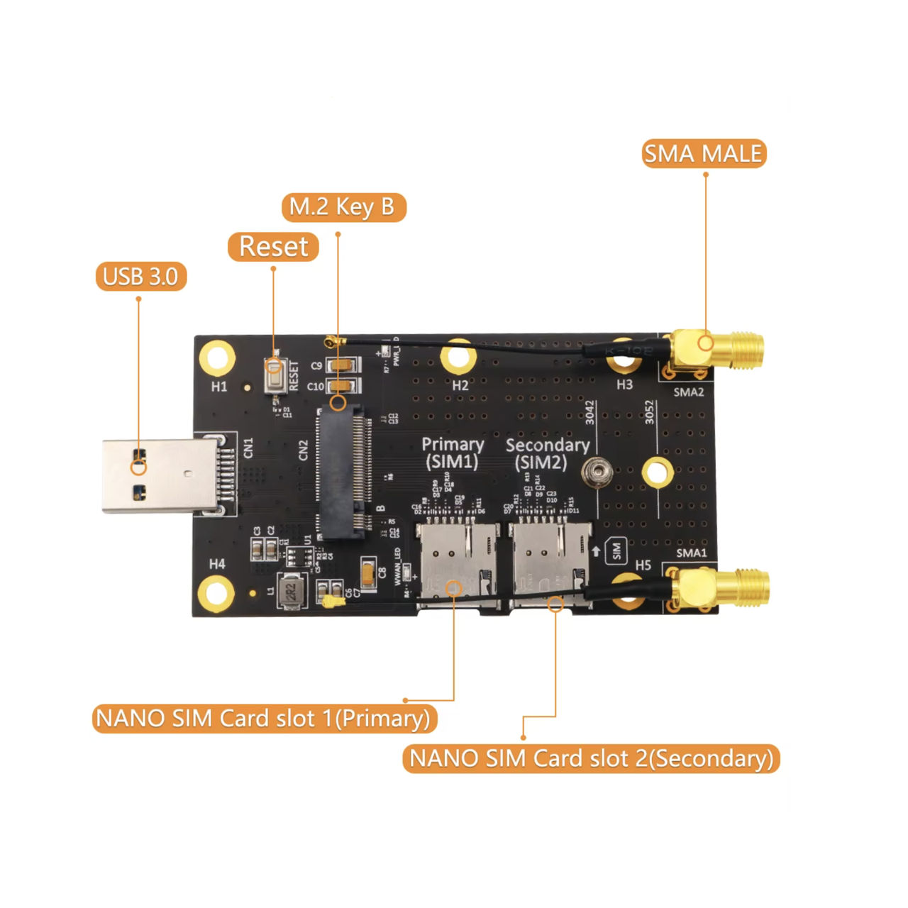 NGFF M.2 to USB 3.0 Adapter M2 Key B to USB 3.0 Type A for WWAN LTE Module Dual Nano SIM фото 1