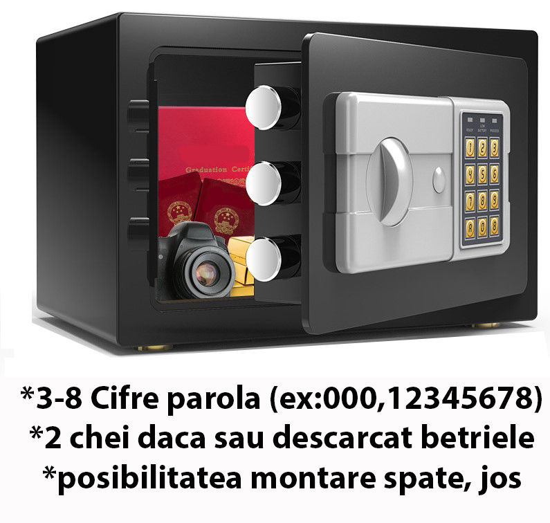 Safeu, negru, 31x20x20cm, digital, +2chei, montare perete/mobila, garantie 1 an, livrare Moldova 1zi foto 3