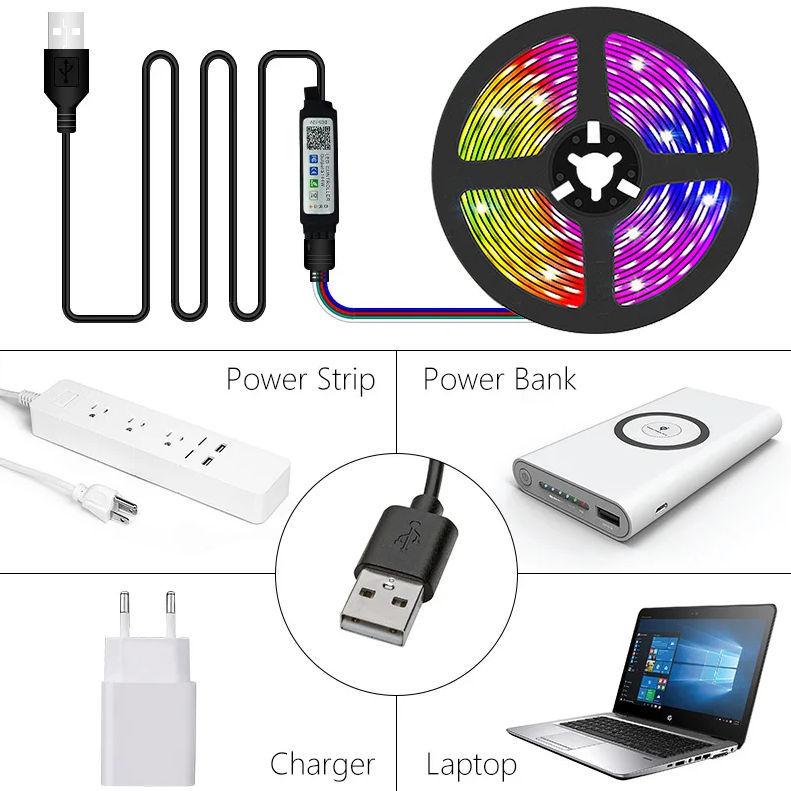 Bandă LED RGB 5050 cu telecomandă, 5 m, 5 Volți, USB, Bluetooth IP65 Caracteristici Număr de model - foto 6