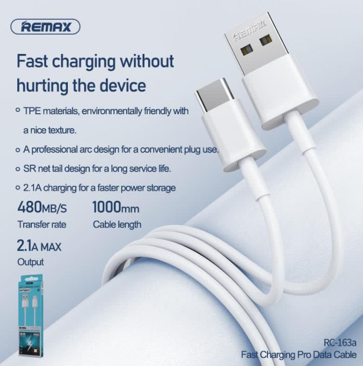 Cablu de încărcare USB tip C, REMAX RC-163a, 1 metru, alb Vă prezentăm cablul Remax RC-163a USB la T foto 2