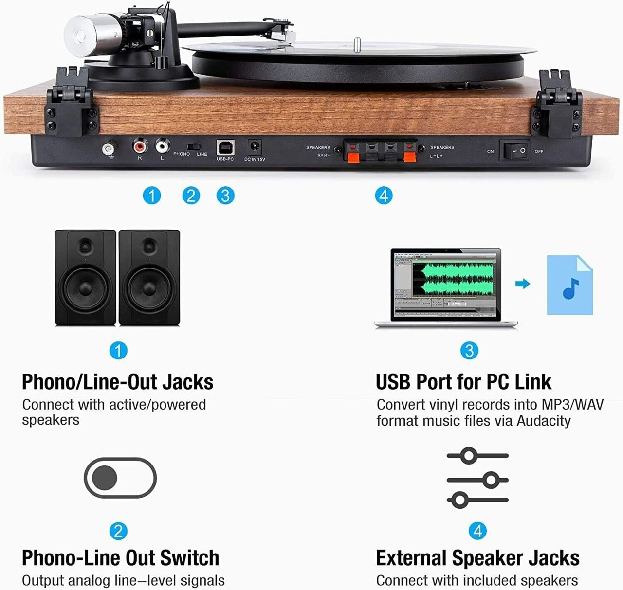 1 By One Turntable Speakers Stereo Bluetooth  Новый в коробке фото 3