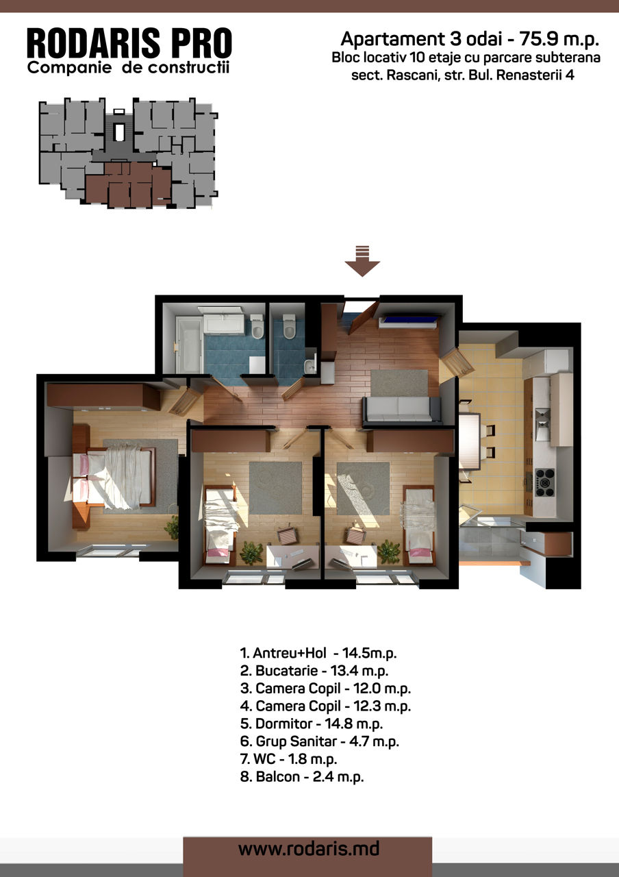 Apartament cu 3 camere, 76 m², Râșcani, Chișinău foto 11