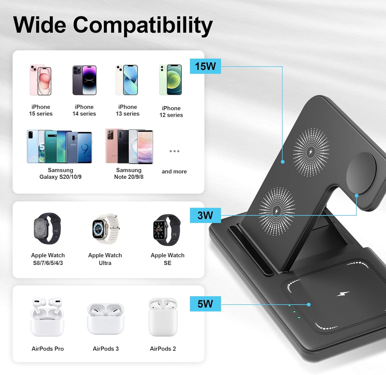 Incarcator Wireless 3 in 1 iPhone Apple Watch 15W foto 1
