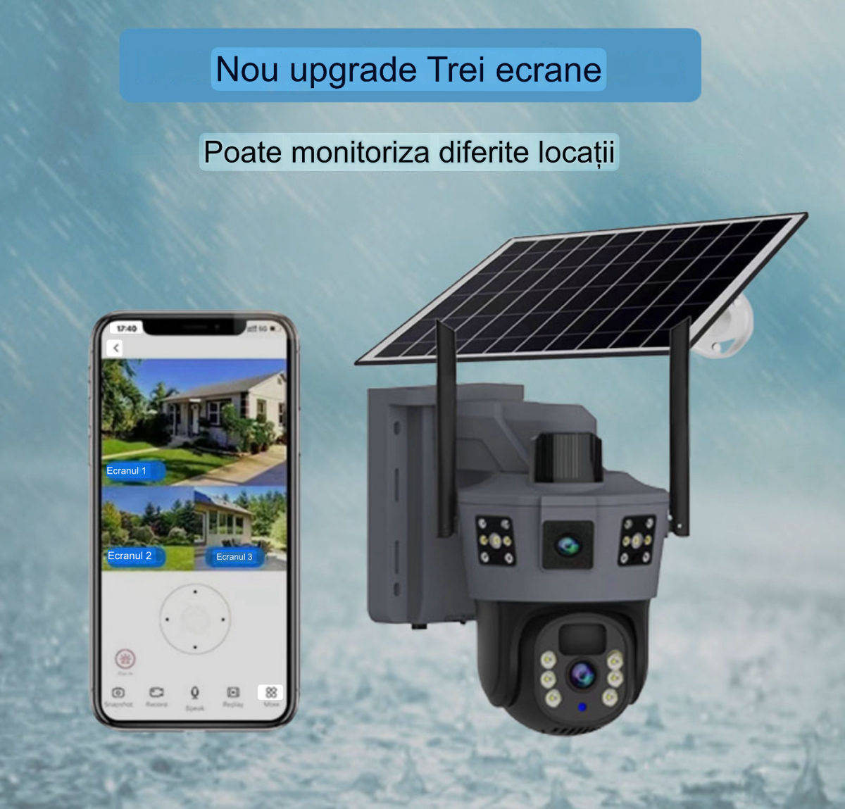 Cameră cu panou solar cu trei obiective ce va oferă imagine coloră 24/24 foto 6