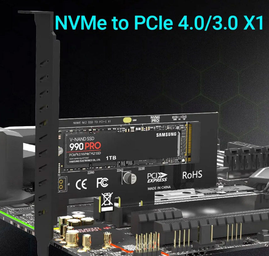 Переходники Pcie - NVME, Pcie - SATA III, (M.2 NVME SSD Ngff to Pcie 3.0 X16, Х4, Х1) фото 4
