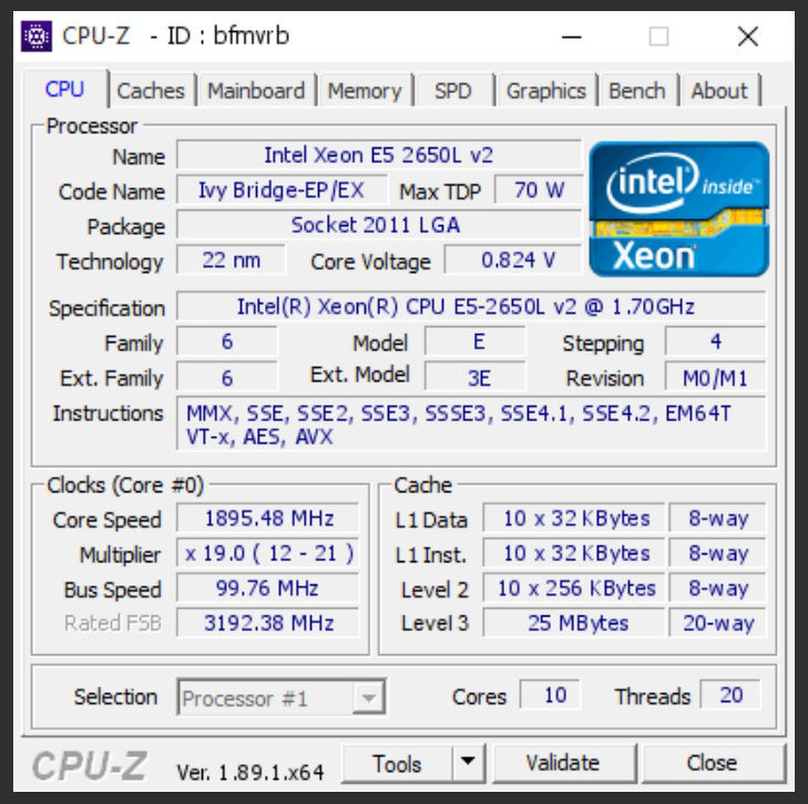 Intel Xeon E5-2650L V2 Processor - 1.70GHz, 10 Core, 25MB Cache, LGA2011, SR19Y