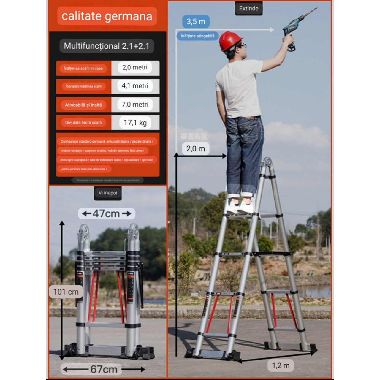 4.2m 2.1m*2, Scara telescopica dubla, EN131, suporta 150kg, Livrare Gratuita Moldova 1zi, garantie 1 foto 0