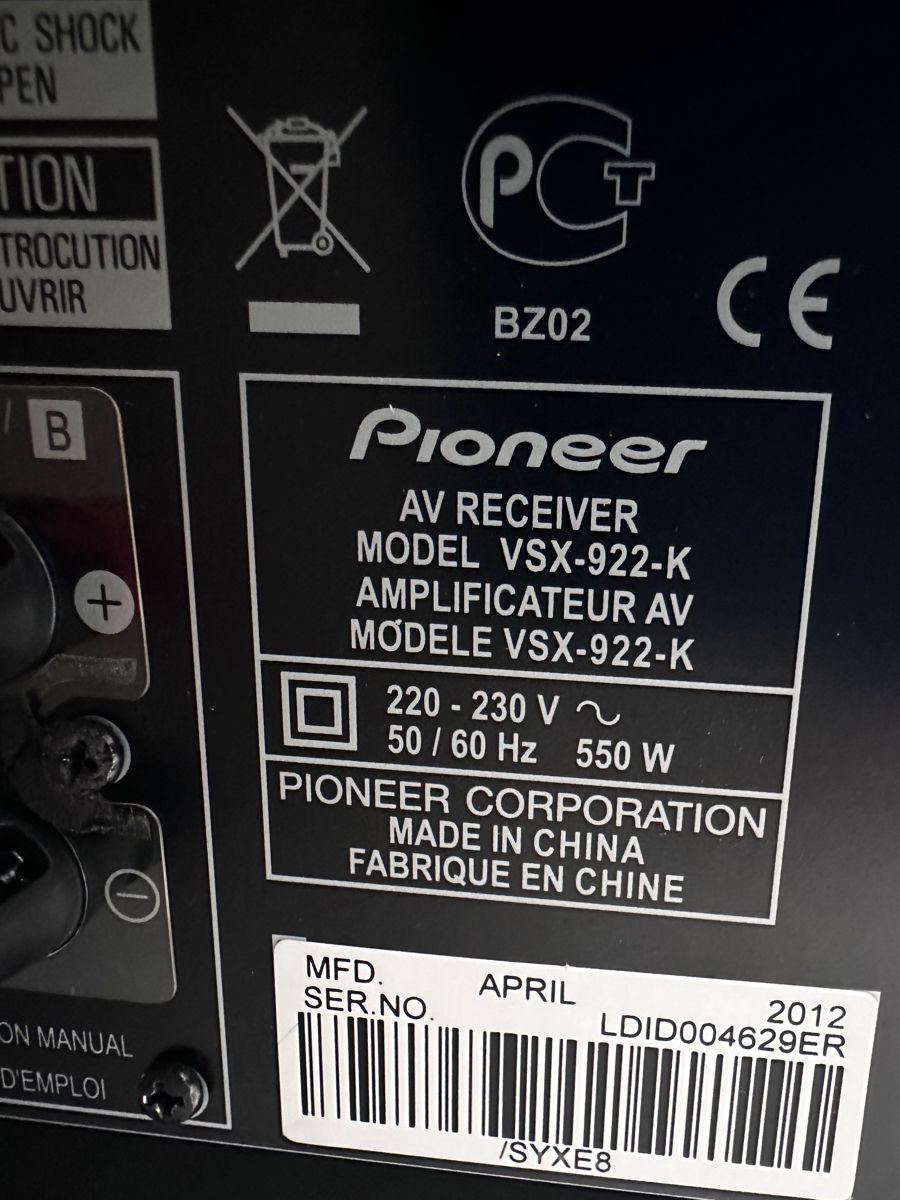 Pioneer AV RECEIVER MODEL VSX-922-K фото 1