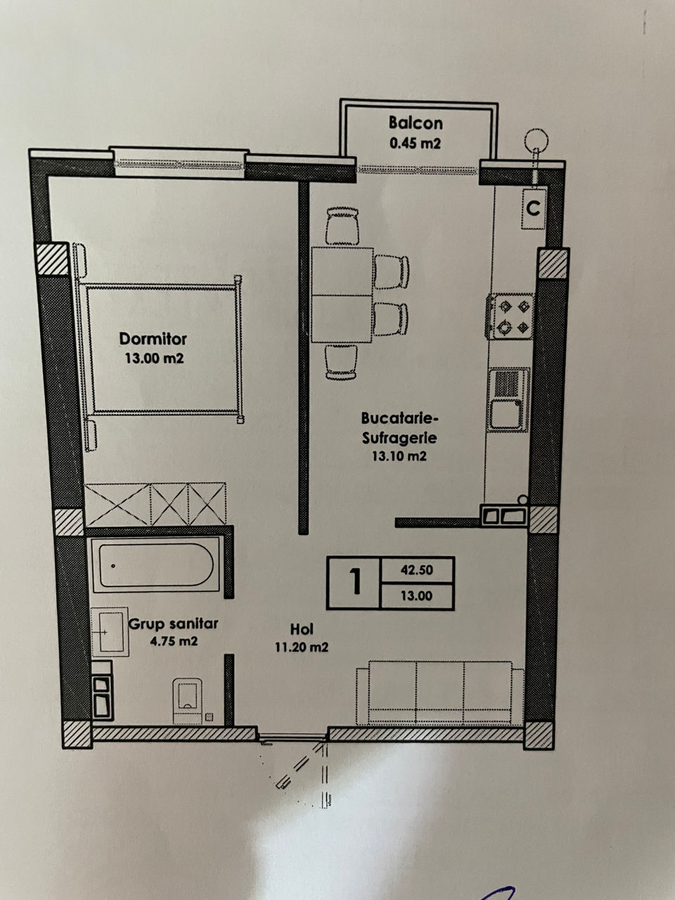 Apartament cu 1 cameră, 43 m², Durlești, Chișinău