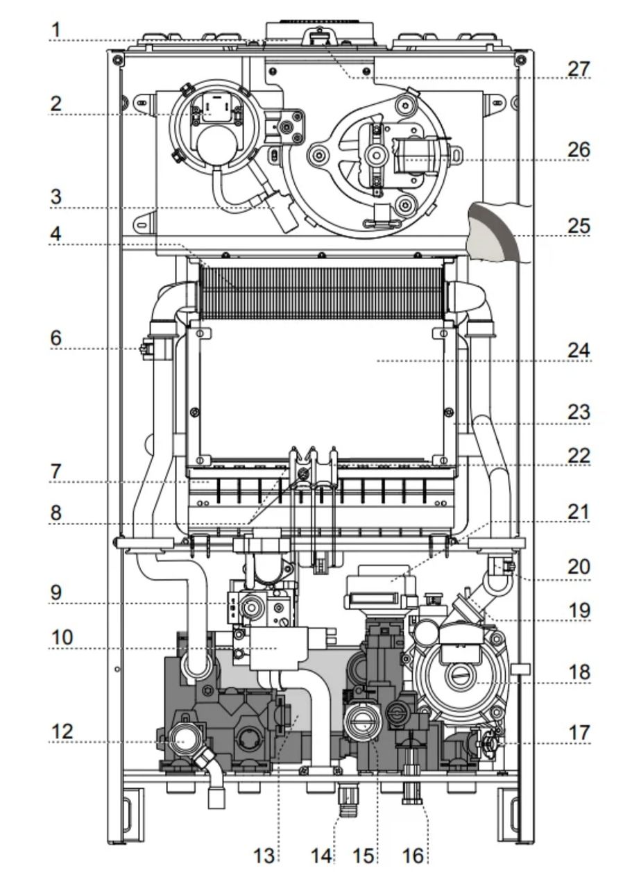 Конвекционный газовый котел Ariston Матис 24ff чертеж штуцеров
