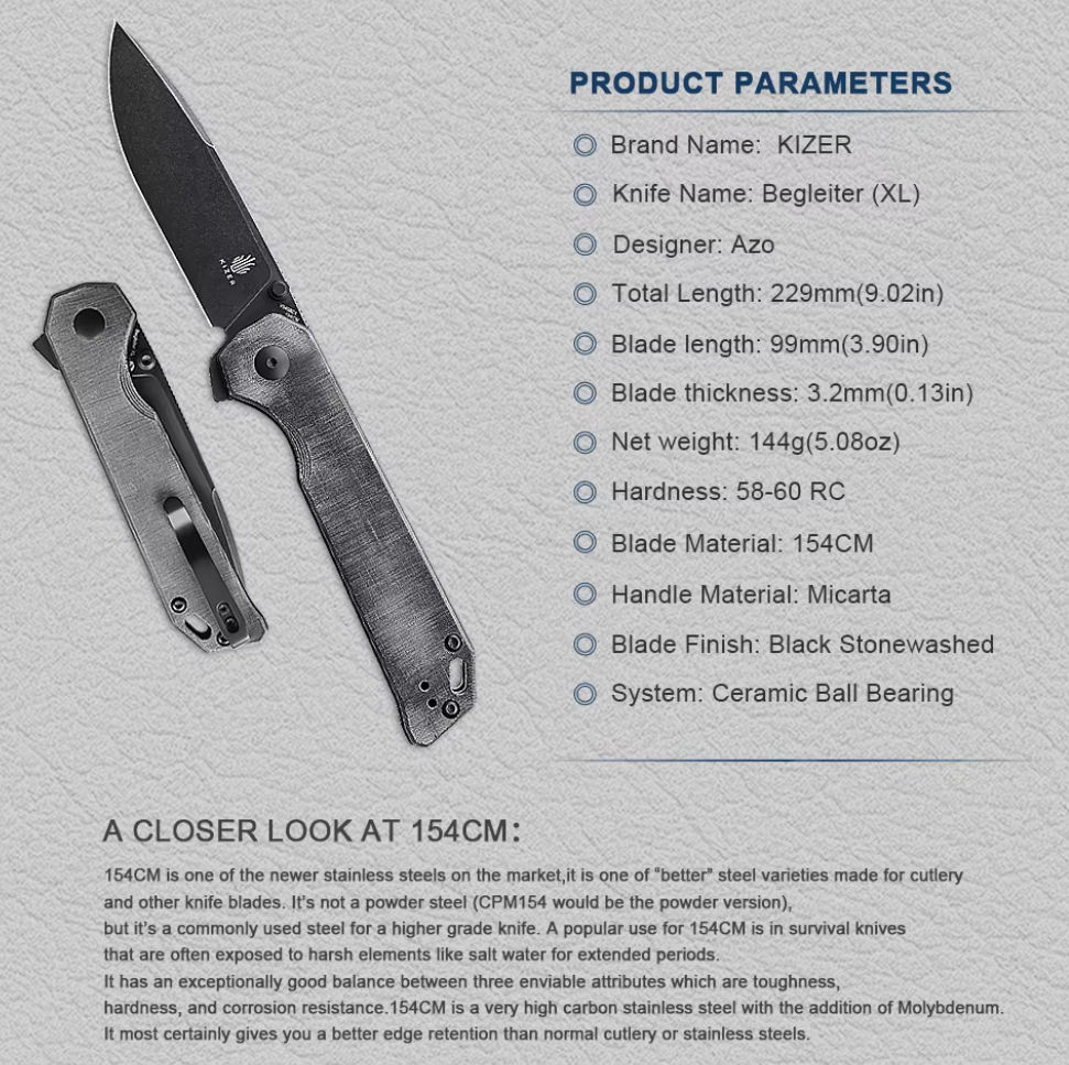 Нож Kizer Begleiter XL, Micarta - высокоуглеродистая сталь154CM / на керамических подшипниках фото 1