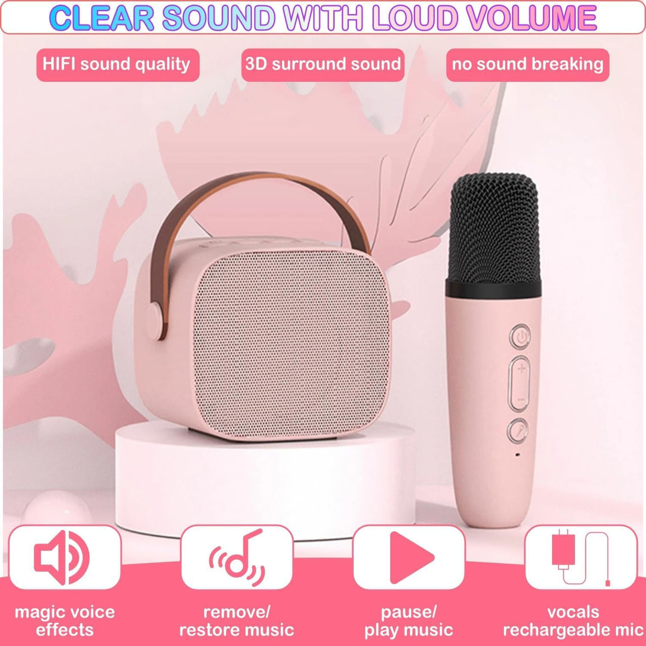 Mini aparat de karaoke pentru copii adulți, difuzor portabil Bluetooth cu 2 microfoane fără fir foto 2