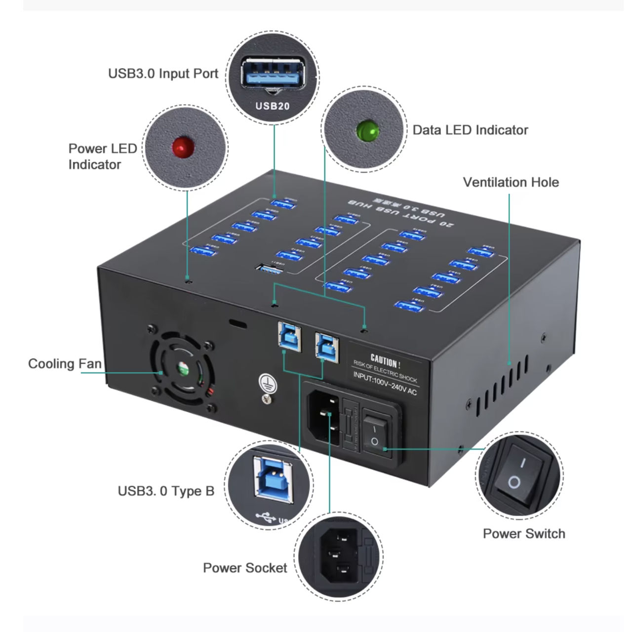 Sipolar A213P Industrial Super Speed 5Gbps 20 Ports Charger Hub USB3.0 & Data USB3.0 110W foto 4