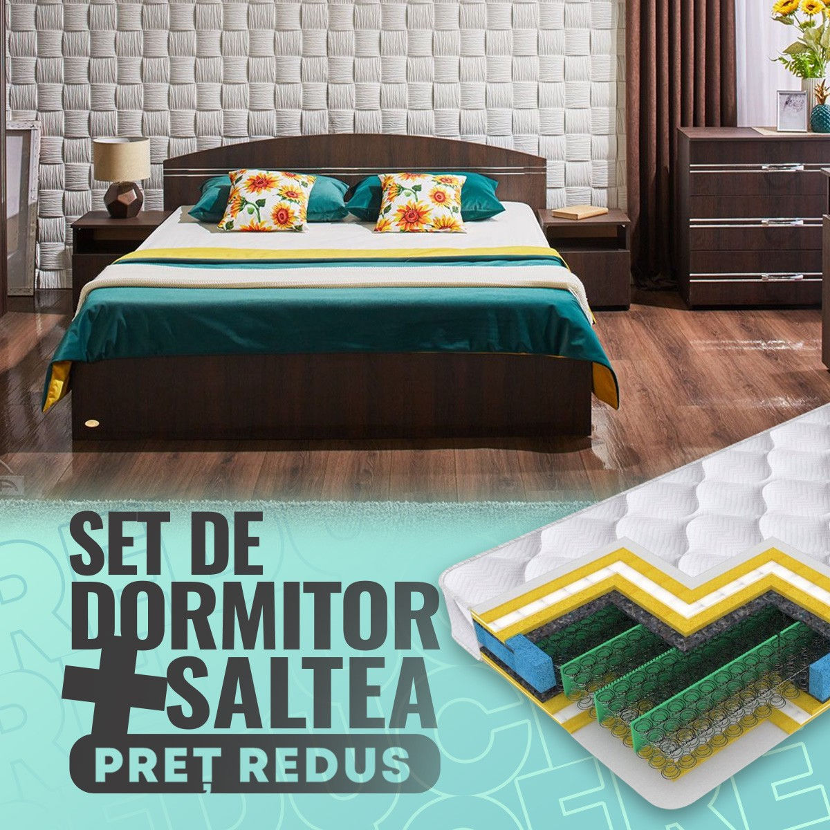 Dormitor Ambianta Inter Sonoma Inchis + Saltea Salt Confort Clasic, 160x200 foto 1