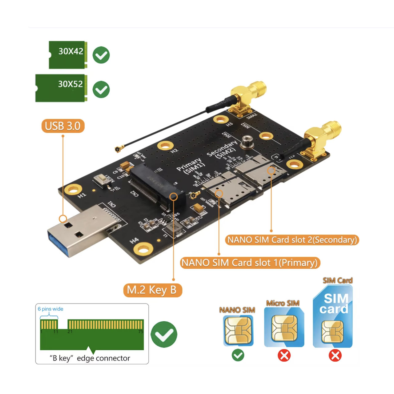NGFF M.2 to USB 3.0 Adapter M2 Key B to USB 3.0 Type A for WWAN LTE Module Dual Nano SIM фото 3
