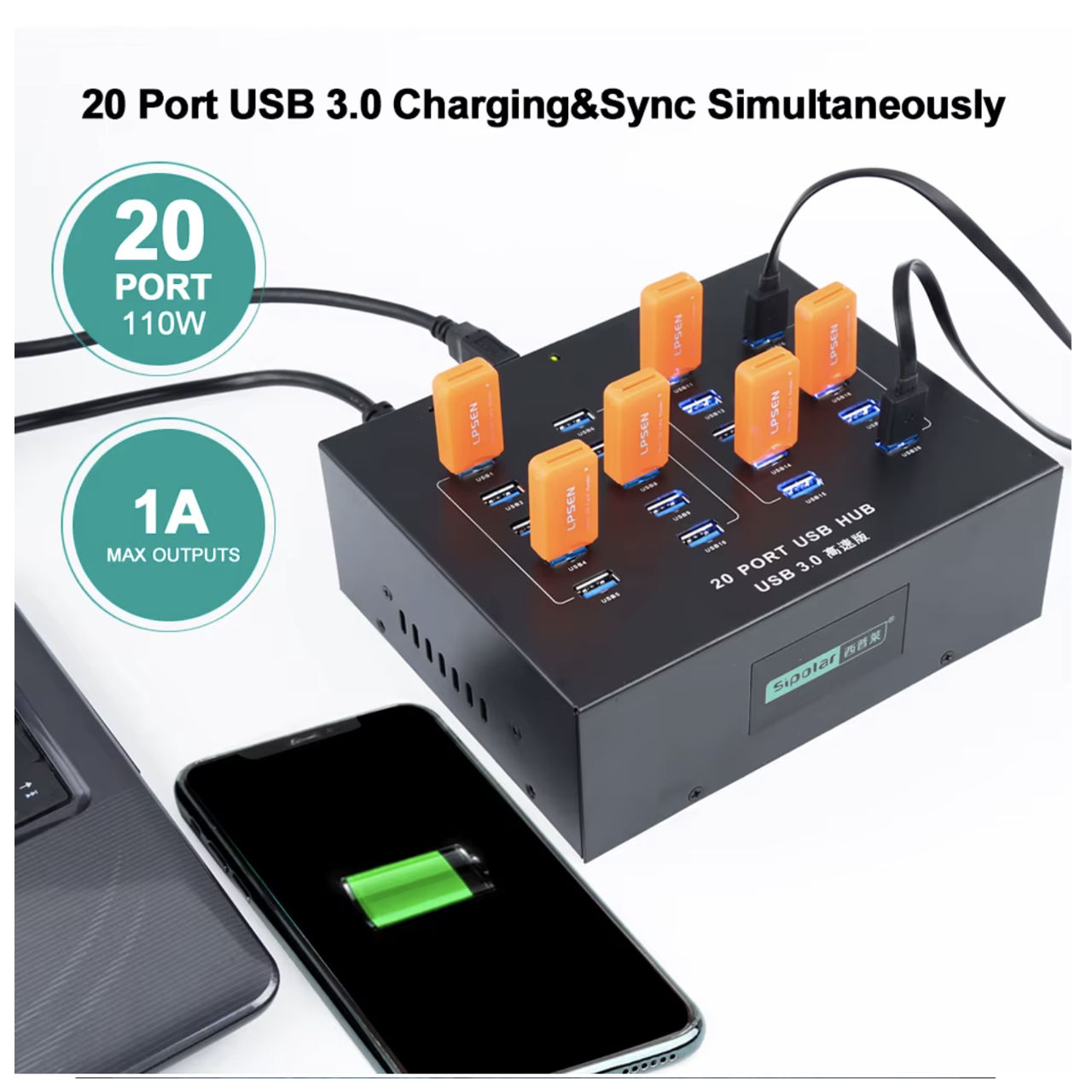 Sipolar A213P Industrial Super Speed 5Gbps 20 Ports Charger Hub USB3.0 & Data USB3.0 110W foto 6