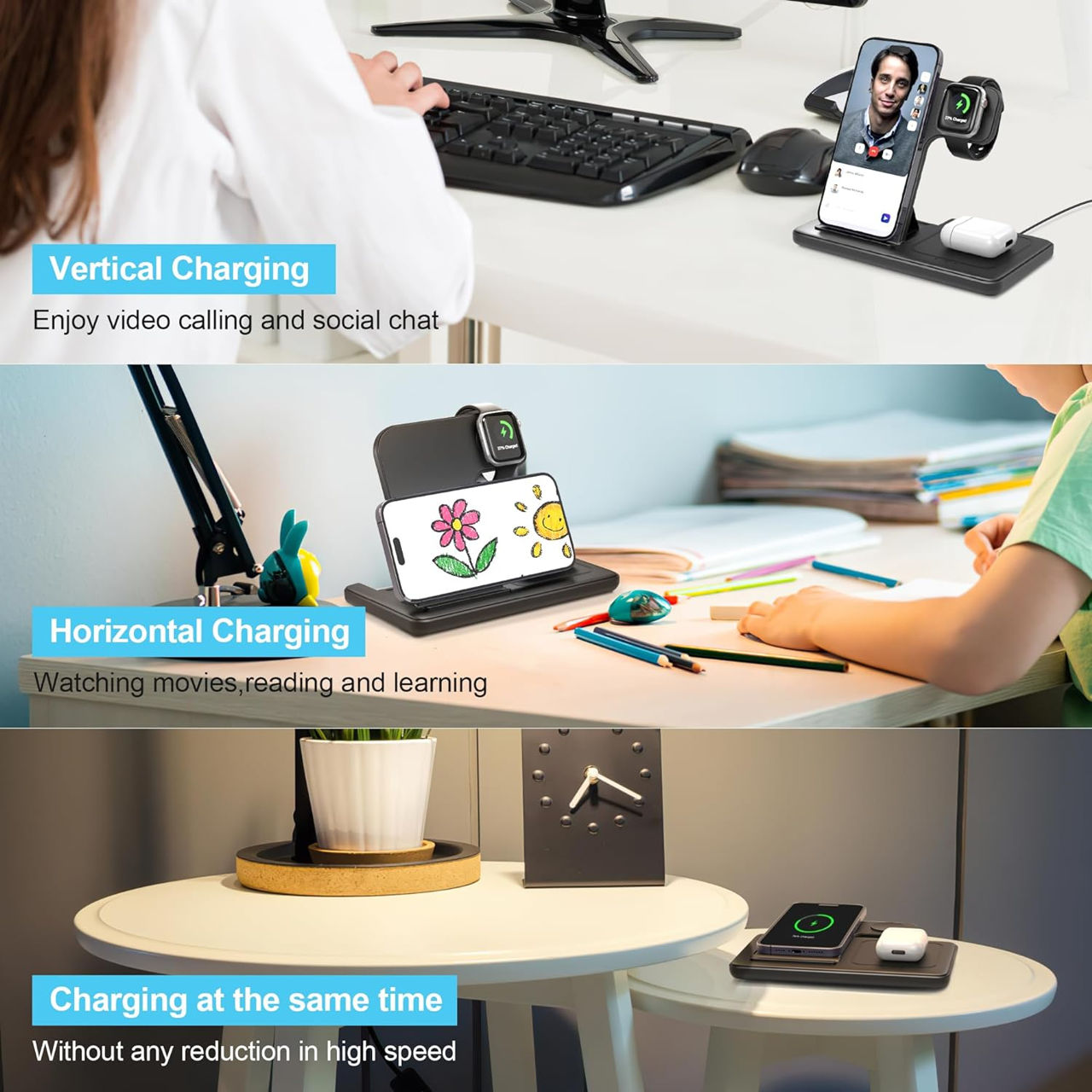 Incarcator Wireless 3 in 1 iPhone Apple Watch 15W foto 6