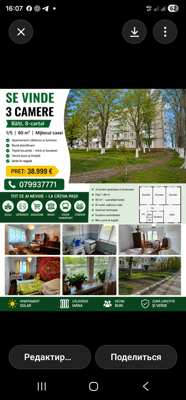 Apartament cu 3 camere,  8 cartier,  Bălți,  Bălți mun.