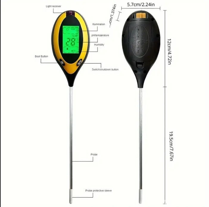 Ph tester pentru pământ, 4 în 1 umeditate, temperatura si intensitatea luminii foto 1