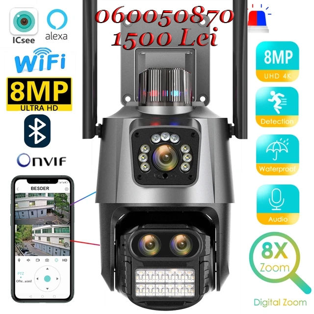 Camere cu 3 obiective cu zoom, PTZ, detectia omului, noaptea color, microfon, difuzor si sirena foto 4