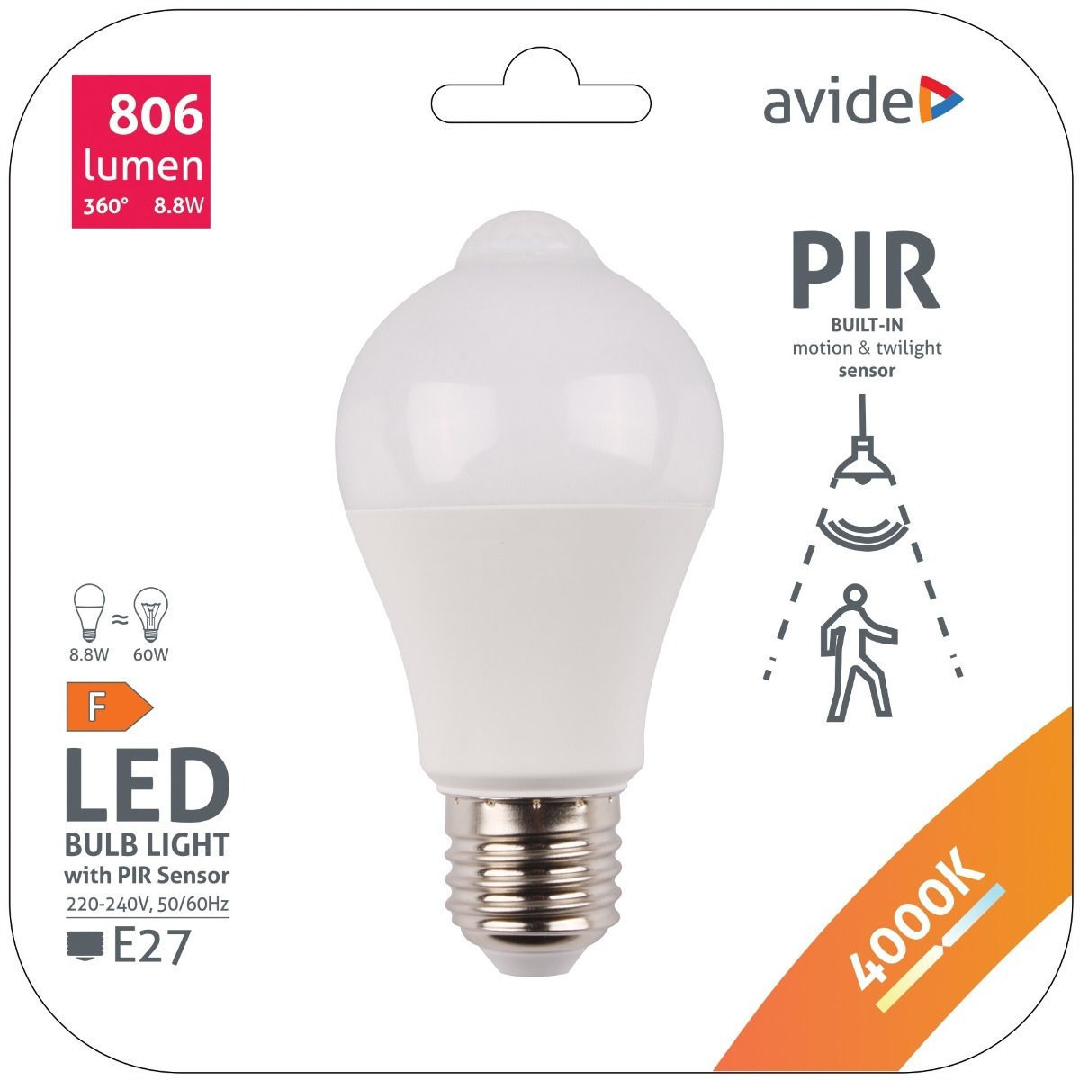 Lampa LED cu senzor de miscare Avide ASG27NW-8.8W-PIR pentru prize E27 si forme A60, culoare alb neu foto 2