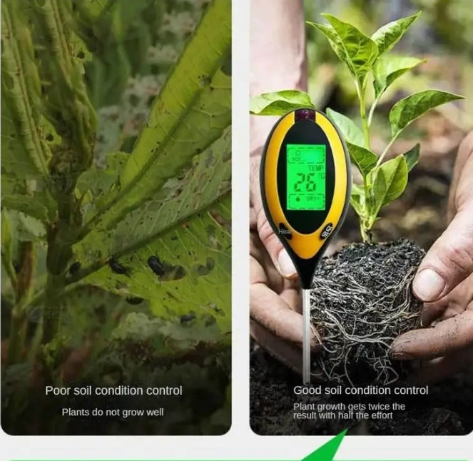 Ph tester pentru pământ, 4 în 1 umeditate, temperatura si intensitatea luminii foto 3