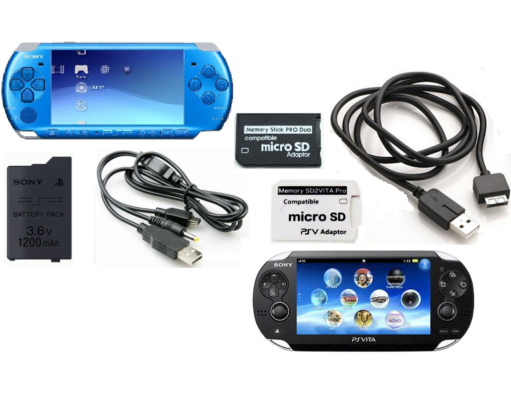 Карта память 32/64GB с играми, кабель зарядки, аккумулятор для PSP / PSVita.