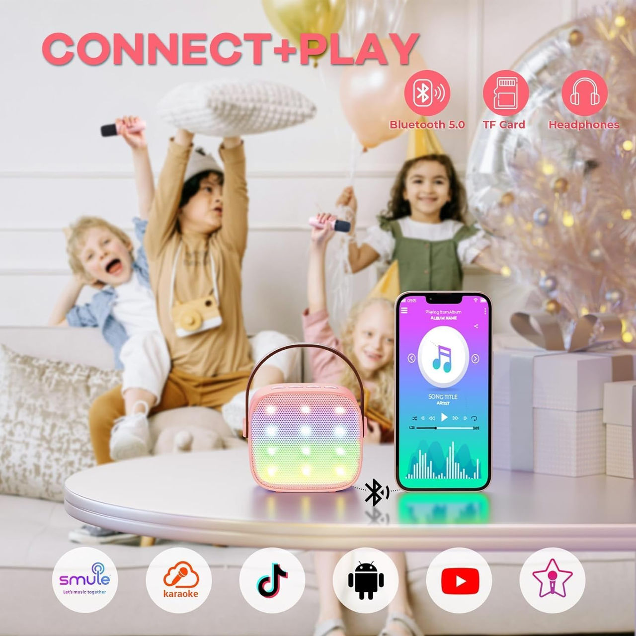 Mini aparat de karaoke pentru copii adulți, difuzor portabil Bluetooth cu 2 microfoane fără fir foto 3
