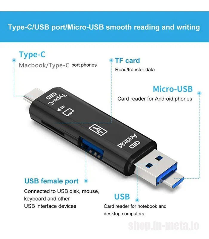 Card Reader 5 in 1 USB 3.0 USB-C, USB, Micro USB, SD, TF Memory Card Reader OTG Adapter. OTG Адаптер фото 4