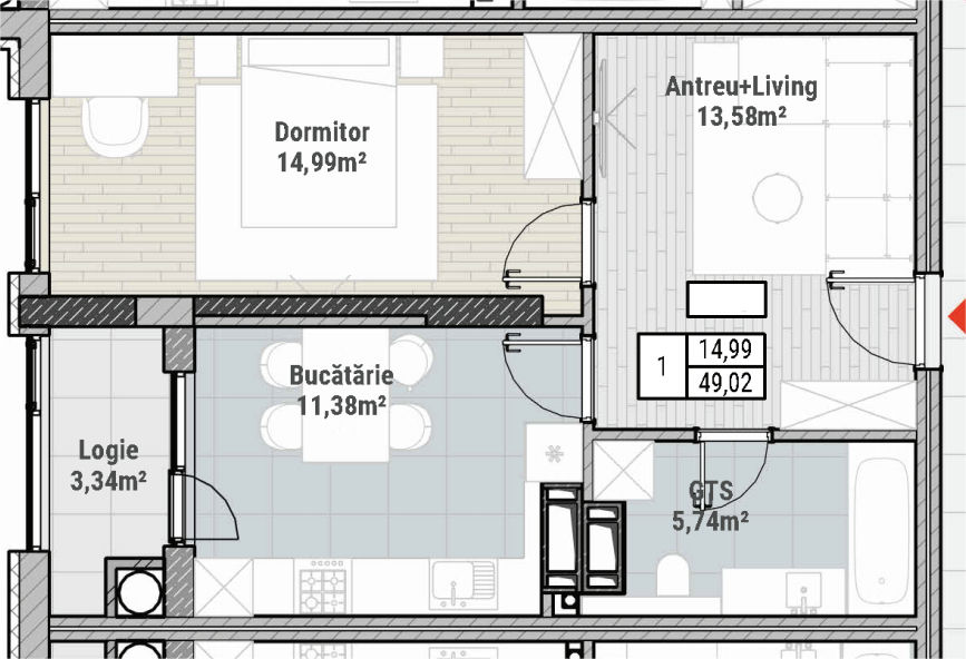 Apartament cu 1 cameră, Centru, Durlești, Chișinău mun.