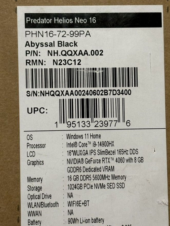 Acer
Model	Predator Helios Neo 16
Pret 28000 MDL foto 1