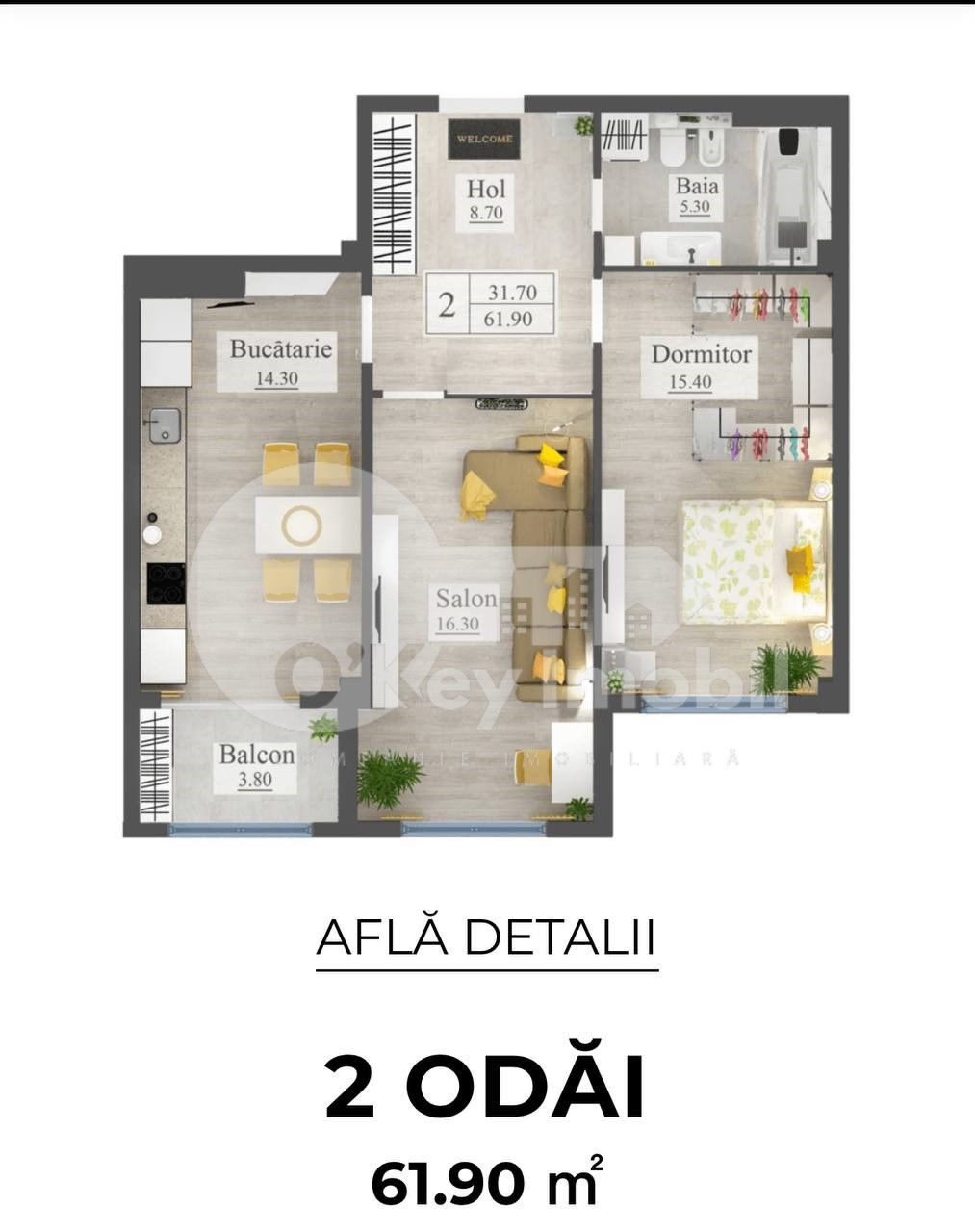 Apartament cu 2 camere, 62 m², Buiucani, Chișinău foto 2
