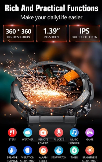 Ceas

inteligent medieval , Bluetooth, 1,39", monitorizare sport și sănătate, IP67 foto 2