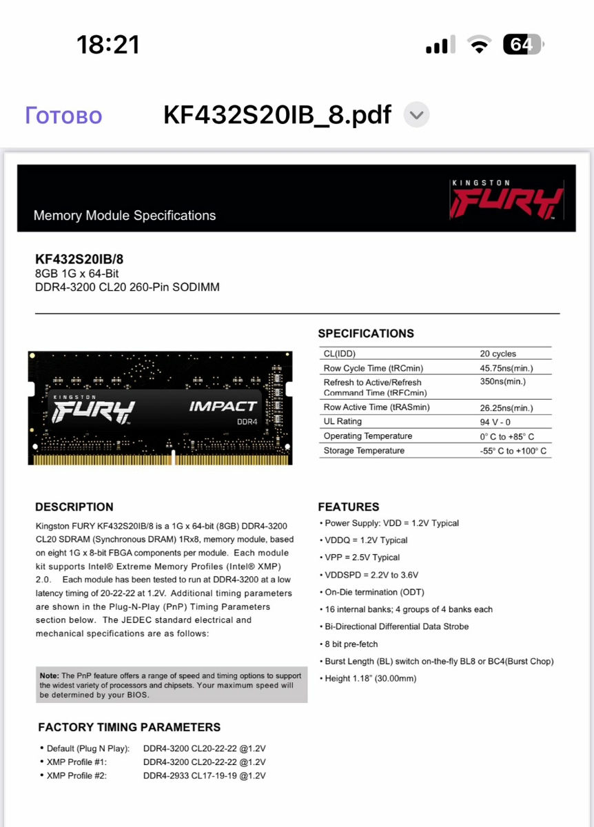 Оперативная память KF432S201B/8 Kingston fury ddr 4 8 gb 3200 для ноутбуков foto 3