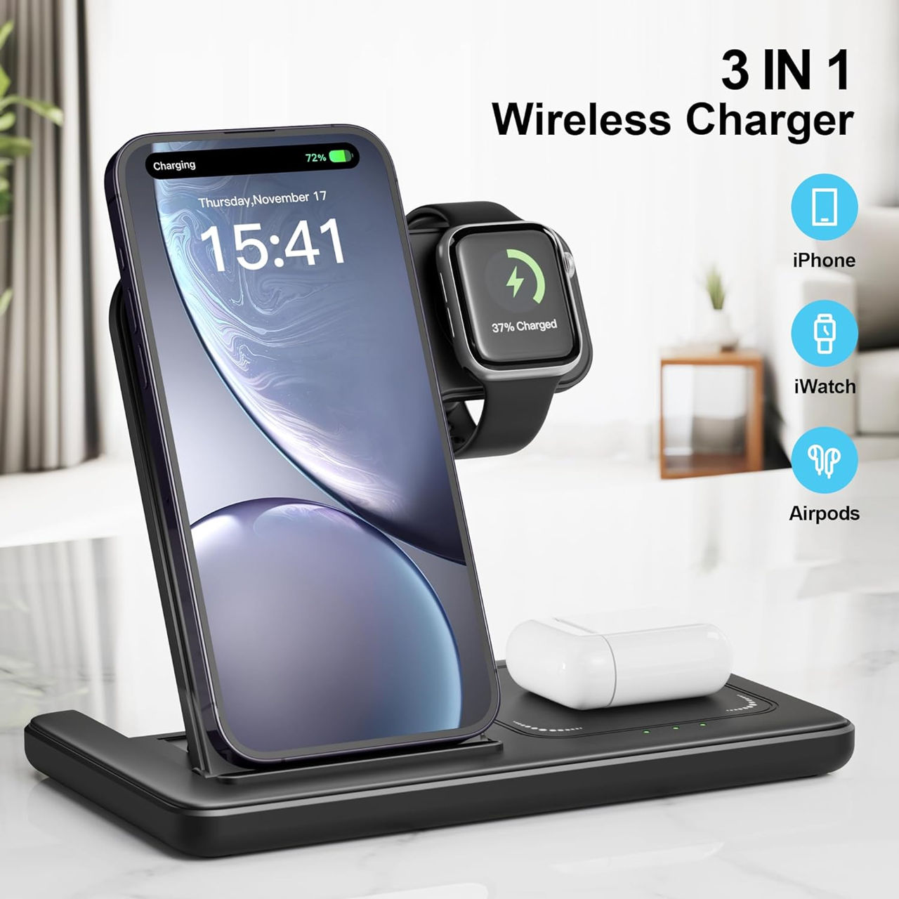 Incarcator Wireless 3 in 1 iPhone Apple Watch 15W foto 3