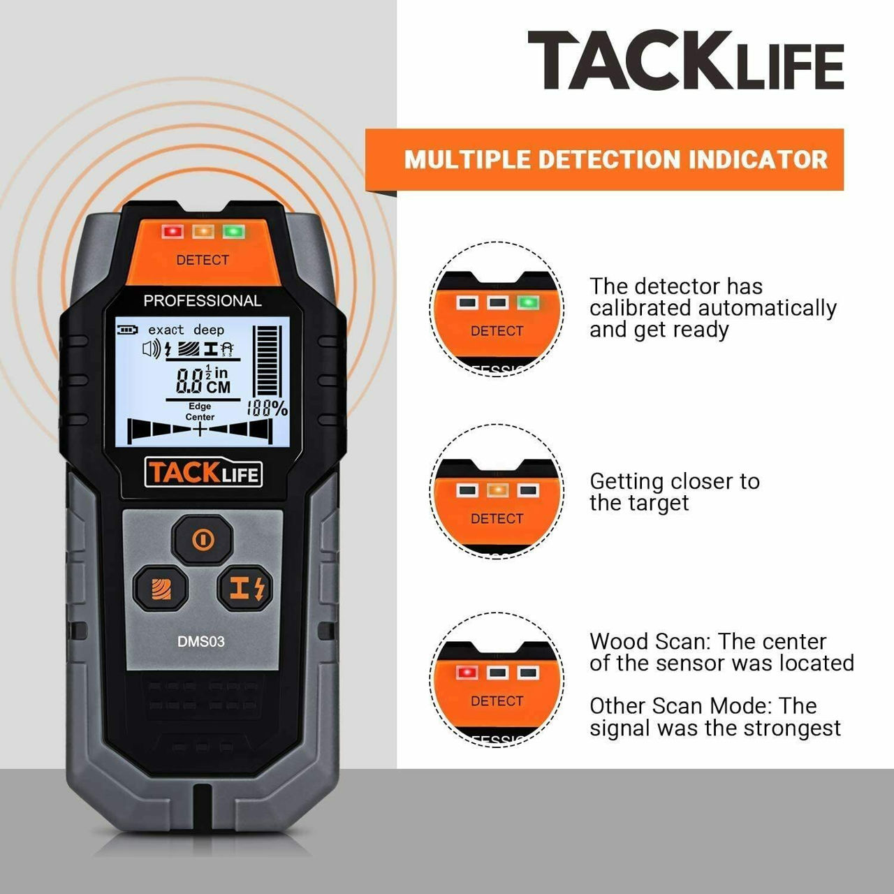 Detector de metale feroase și neferoase, lemn și cabluri sub tensiune Tacklife DMS03 foto 1
