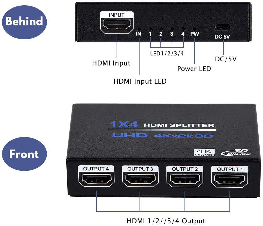 1x4 HDMI Splitter, 1 в 4 Out HDMI Splitter Audio Video Distributor Box Поддержка 3D и 4K x 2K foto 4