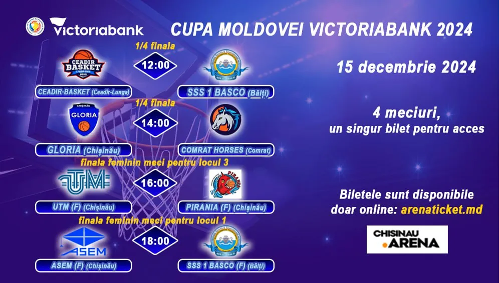 Кубок Молдовы VICTORIABANK 2024: Баскетбол в Арена Кишинэу — 15 декабря