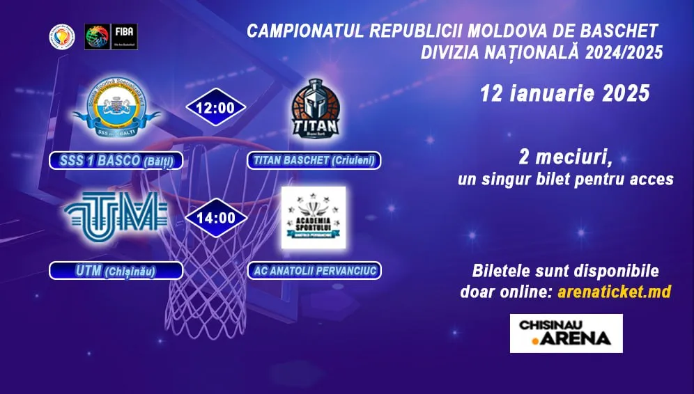 CAMPIONATUL REPUBLICII MOLDOVA DE BASCHET 2024/2025: Diviza Naționala la Arena Chișinău – 12 ianuarie