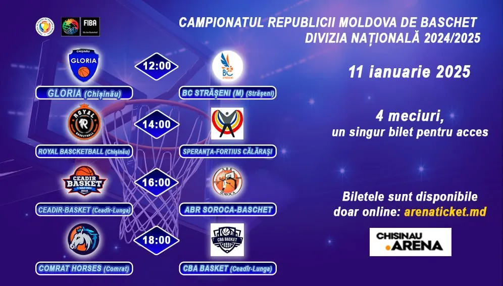 CAMPIONATUL REPUBLICII MOLDOVA DE BASCHET 2024/2025: Diviza Naționala la Arena Chișinău – 11 ianuarie
