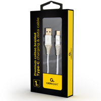Blister Type-C/USB2.0, AM/CM,  1.0 m, Cablexpert Cotton Braided Silver/White, CC-USB2B-AMCM-1M-BW2